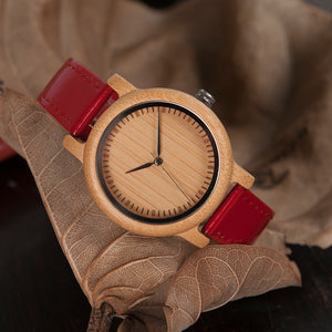 Red Leather Bracelet Bamboo Watch