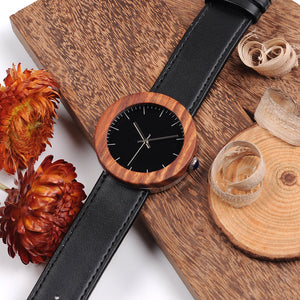 Black Leather Strap Wooden Wristwatch