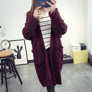 One Size Long Casual Long-Sleeve Cardigan - Red