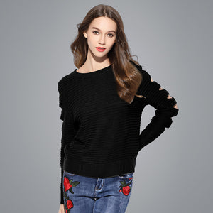 One Size Full Sleeve Hollowed Out Knitted Sweater - Black