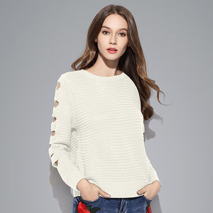 One Size Full Sleeve Hollowed Out Knitted Sweater - White