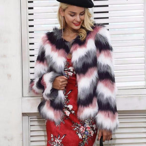 O-Neck Faux-Fur Color Pattern Coat - 2 Colors